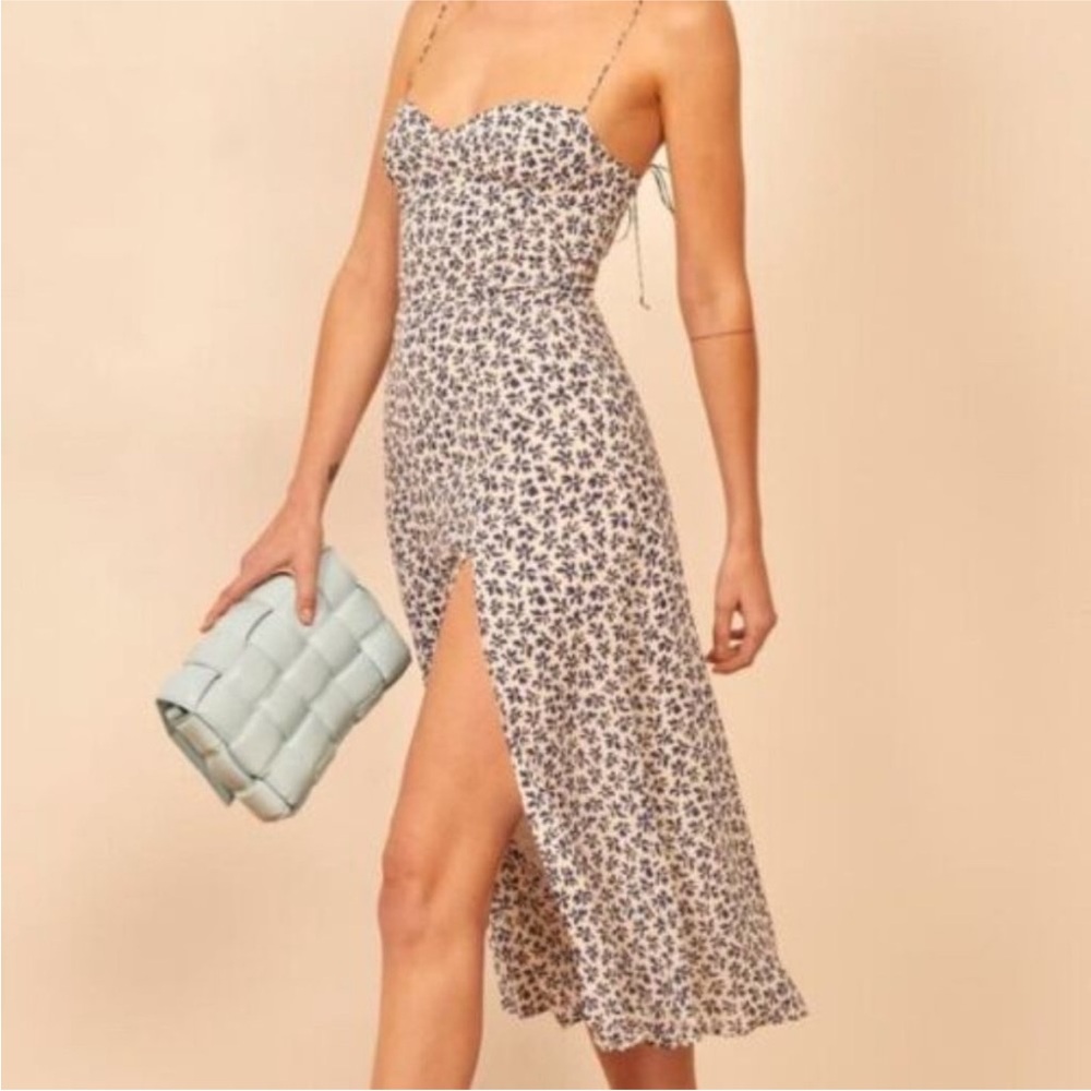 REFORMATION Juliette High Slit White and Navy Floral Print Dress